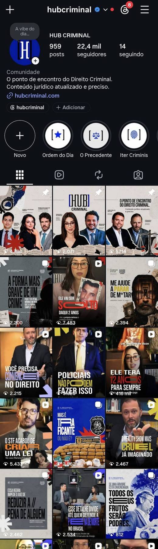 Perfil do Hub Criminal no Instagram, com 959 publicações e 22,4 mil seguidores
